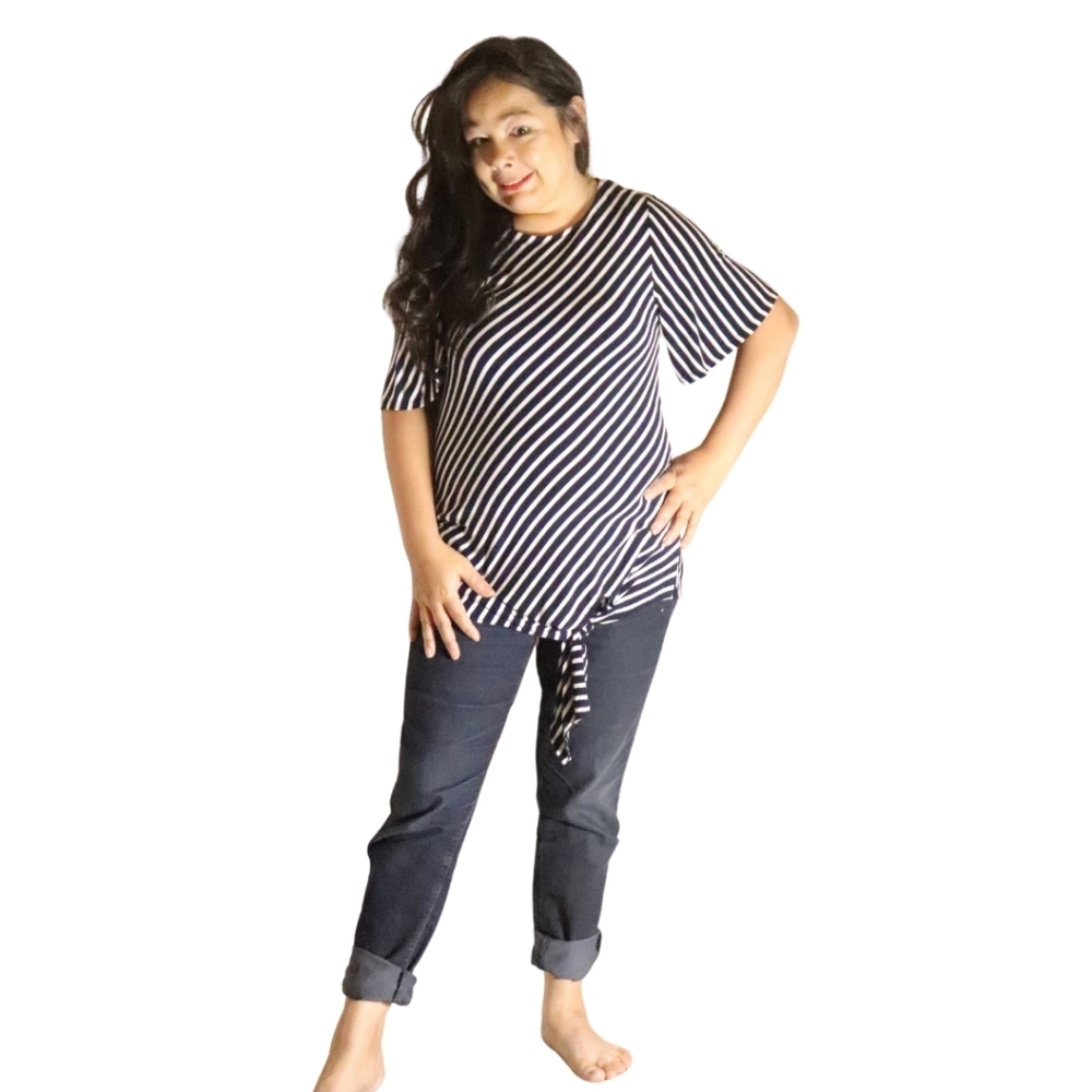 FRED DAVID WOMENS BLACK & WHITE STRIPED TIE UP SHIRT